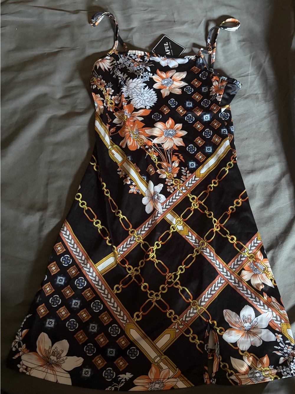Zaful Black Slip Midi Dress with Orange and Cream Floral Chain Print